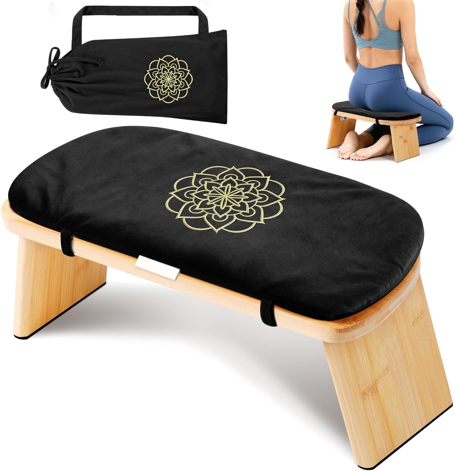 Folding Bamboo Meditation Bench with Cushion & Carry Bag – Ergonomic Yoga